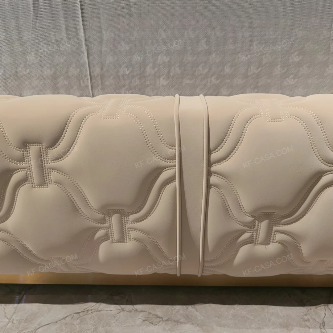 Cream Quilted Upholstered Bed with Patterned Stitching & Gold Stainless Steel Accents